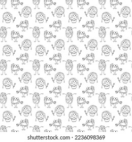 Sakura mochi pattern17. Seamless pattern with three cute mochi character. Doodle cartoon vector illustration. 