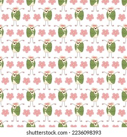 Sakura mochi pattern23. Seamless pattern with cute mochi character with sakura flowers. Doodle cartoon vector illustration. 