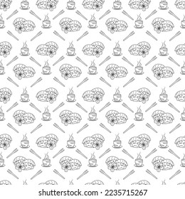 Sakura mochi pattern8. Seamless pattern with two cute sakura mochi characters with sakura flower and cup of matcha tea. Doodle cartoon vector illustration. 