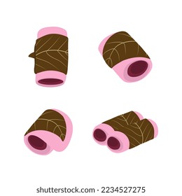 Sakura Mochi set ilustración vectorial aislada en fondo blanco. El postre japonés al estilo Kanto. Crepes de arroz con pasta de azuki envuelta en hojas de cerezo. Posiciones diferentes