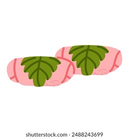 Sakura mochi wrapped with leaf. Traditional Japanese sweet dessert in Kansai style. Asian rice cake. Healthy, organic sweets. Popular spring dessert. Isolated vector illustration in flat style
