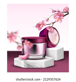 Sakura Moisture Cream Creative Promo Poster Vector. Sakura Creamy Cosmetic Blank Packages, Tree Branch And Petals On Advertising Banner. Natural Cosmetology Style Concept Template Illustration