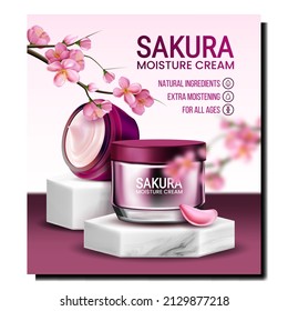Sakura Moisture Cream Creative Promo Poster Vector. Sakura Creamy Cosmetic Blank Packages, Tree Branch And Petals On Advertising Banner. Natural Cosmetology Style Concept Template Illustration