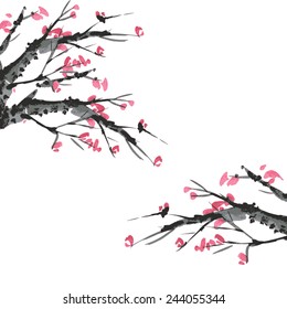 Sakura and mountains ink landscape illustration. Sumi-e vector image.