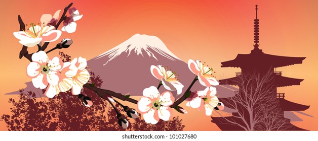 Sakura mountains and Japanese houses