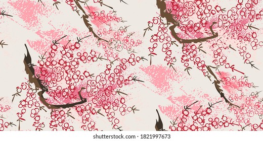sakura nature landscape view vector sketch illustration japanese chinese oriental line art ink seamless
