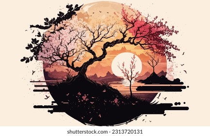 Sakura on the background of mountains and sunset. In vintage style. Watercolor in pink tones. Vector illustration