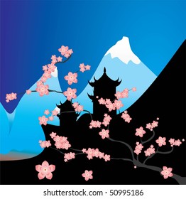 Sakura on the background of pagodas and mountains.