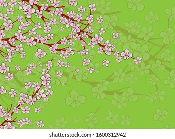 Sakura on light background. Sakura vector flower. Vector floral print. Blooming cherry blossom petals. Japanese culture. Floral design. Blooming tree. Banner template.
