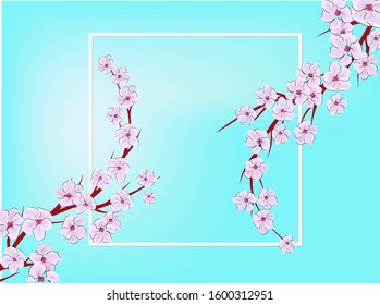 Sakura on light background. Sakura vector flower. Vector floral print. Blooming cherry blossom petals. Japanese culture. Floral design. Blooming tree. Banner template.