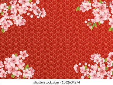 Sakura on wave red background