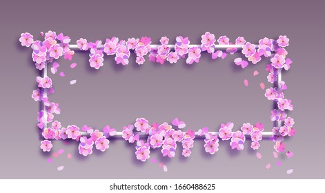 Sakura en un marco blanco y fondo degradado. Lugar de anuncio, anuncio. Ramas de cerezo con delicadas flores y capullos rosas. Ilustración del vector