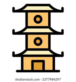 Vector de contorno de icono de pagoda Sakura. Edificio chino. Color de palacio asiático plano