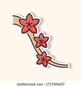 Sakura patch. Cherry blossom on tree branch. Japanese hanami. Flourish on twig. Springtime blooming flower. Botany, nature. RGB color printable sticker. Vector isolated illustration