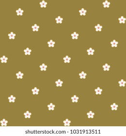 Sakura pattern. White flowers, golden background. Blossom peach, cherry or plum spring floral ornament. Pale colors. Polka dot style. Paper print, cloth fabric, textile.