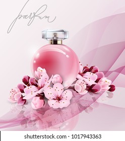 Sakura perfume ads, realistic style perfume in a glass bottle on pink background with sakura flowers. Great advertising poster for promoting a new fragrance Vector template.