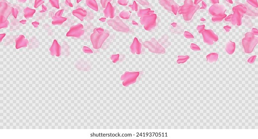 Sakura petal spring blossom frame. Pink rose flying. Flower background. Beauty Spa product banner. Organic composition. Valentine romantic card. Light delicate pastel design. Vector illustration
