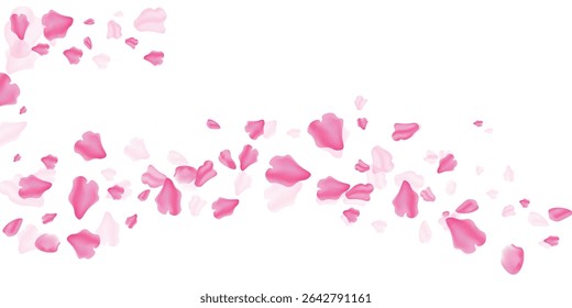 Sakura petal spring blossom frame. Pink rose flying. Flower background. Beauty Spa product banner. Organic composition. Valentine romantic card. Light delicate pastel design. Vector illustration