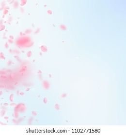 Sakura petals falling down. Romantic pink flowers gradient. Flying petals on blue sky square background. Love, romance concept. Symmetrical wedding invitation.