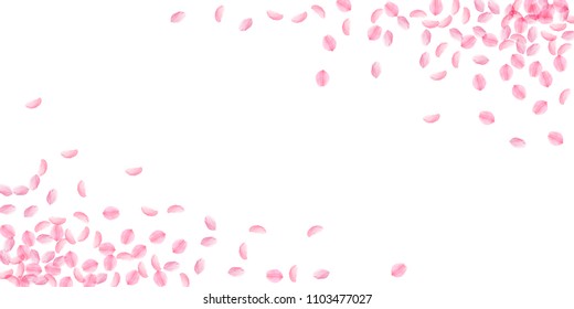 Sakura petals falling down. Romantic pink silky medium flowers. Thick flying cherry petals. Wide corners radiant vector background. Love, affection, romance concept.