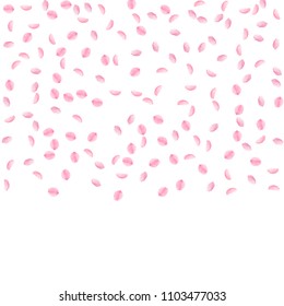 Sakura petals falling down. Romantic pink silky small flowers. Sparse flying cherry petals. Top gradient square interesting vector background. Love, affection, romance concept.