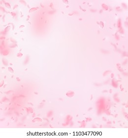 Sakura petals falling down. Romantic pink flowers vignette. Flying petals on pink square background. Love, romance concept. Graceful wedding invitation.