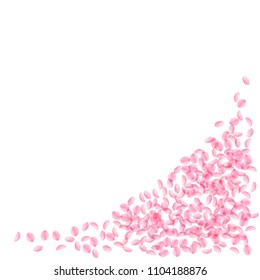 Sakura petals falling down. Romantic pink silky small flowers. Thick flying cherry petals. Bottom right corner curious vector background. Love, affection, romance concept.