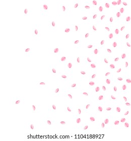 Sakura petals falling down. Romantic pink silky small flowers. Sparse flying cherry petals. Right gradient mesmeric vector background. Love, affection, romance concept.