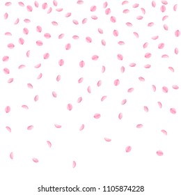 Sakura petals falling down. Romantic pink silky small flowers. Sparse flying cherry petals. Top gradient great vector background. Love, affection, romance concept.