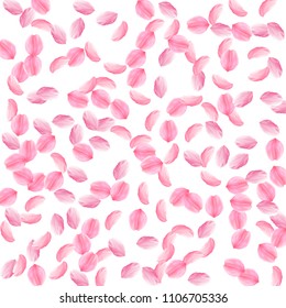 Sakura petals falling down. Romantic pink silky medium flowers. Sparse flying cherry petals. Scattered pattern worthy vector background. Love, affection, romance concept.