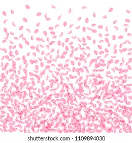 Sakura petals falling down. Romantic pink silky small flowers. Thick flying cherry petals. Bottom gradient bizarre vector background. Love, affection, romance concept.