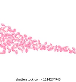 Sakura petals falling down. Romantic pink bright medium flowers. Thick flying cherry petals. Square shape fabulous vector background. Love, affection, romance concept.