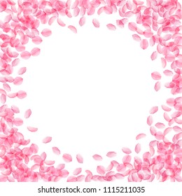 Sakura petals falling down. Romantic pink silky medium flowers. Thick flying cherry petals. Circle frame delightful vector background. Love, affection, romance concept.