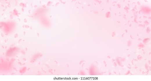 Sakura petals falling down. Romantic pink flowers vignette. Flying petals on pink wide background. Love, romance concept. Rare wedding invitation.