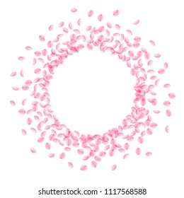 Sakura petals falling down. Romantic pink silky small flowers. Thick flying cherry petals. Frame circle extraordinary vector background. Love, affection, romance concept.