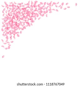 Sakura petals falling down. Romantic pink silky small flowers. Thick flying cherry petals. Top left corner magnificent vector background. Love, affection, romance concept.
