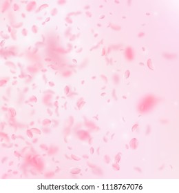 Sakura petals falling down. Romantic pink flowers gradient. Flying petals on pink square background. Love, romance concept. Comely wedding invitation.