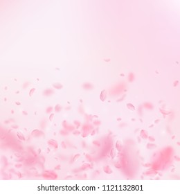 Sakura petals falling down. Romantic pink flowers gradient. Flying petals on pink square background. Love, romance concept. Sublime wedding invitation.
