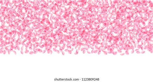 Sakura petals falling down. Romantic pink silky medium flowers. Thick flying cherry petals. Wide top gradient astonishing vector background. Love, affection, romance concept.