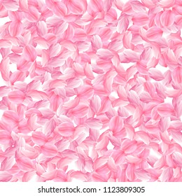 Sakura petals falling down. Romantic pink bright big flowers. Thick flying cherry petals. Scattered pattern vibrant vector background. Love, affection, romance concept.