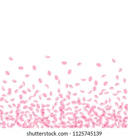 Sakura petals falling down. Romantic pink silky small flowers. Thick flying cherry petals. Scatter bottom gradient popular vector background. Love, affection, romance concept.