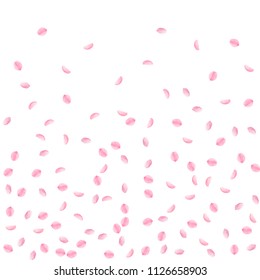 Sakura petals falling down. Romantic pink silky small flowers. Sparse flying cherry petals. Bottom gradient bewitching vector background. Love, affection, romance concept.