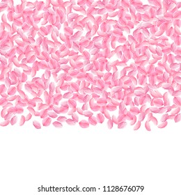 Sakura petals falling down. Romantic pink bright medium flowers. Thick flying cherry petals. Top gradient square immaculate vector background. Love, affection, romance concept.