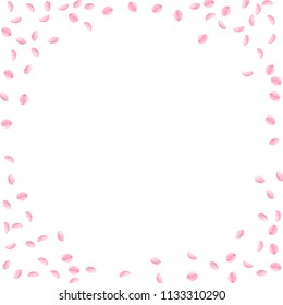 Sakura petals falling down. Romantic pink silky small flowers. Sparse flying cherry petals. Corner frame energetic vector background. Love, affection, romance concept.