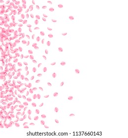 Sakura petals falling down. Romantic pink silky small flowers. Thick flying cherry petals. Scatter left gradient quaint vector background. Love, affection, romance concept.