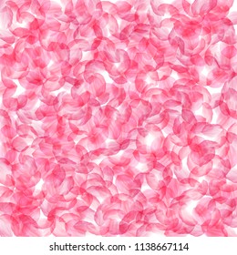 Sakura petals falling down. Romantic pink silky big flowers. Thick flying cherry petals. Scattered pattern wondrous vector background. Love, affection, romance concept.