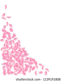 Sakura petals falling down. Romantic pink bright medium flowers. Thick flying cherry petals. Bottom left corner breathtaking vector background. Love, affection, romance concept.