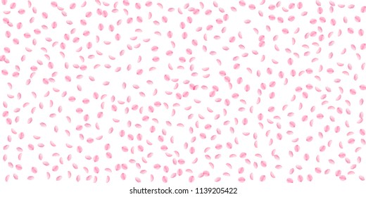 Sakura petals falling down. Romantic pink silky small flowers. Sparse flying cherry petals. Wide scatter unequaled vector background. Love, affection, romance concept.