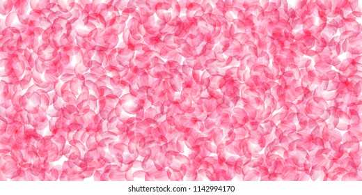 Sakura petals falling down. Romantic pink silky big flowers. Thick flying cherry petals. Wide scatter terrific vector background. Love, affection, romance concept.