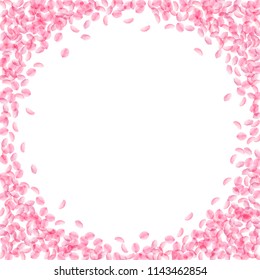 Sakura petals falling down. Romantic pink silky small flowers. Thick flying cherry petals. Corner frame excellent vector background. Love, affection, romance concept.